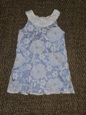Rare Editions Blue Dress with White Floral Lace Overlay